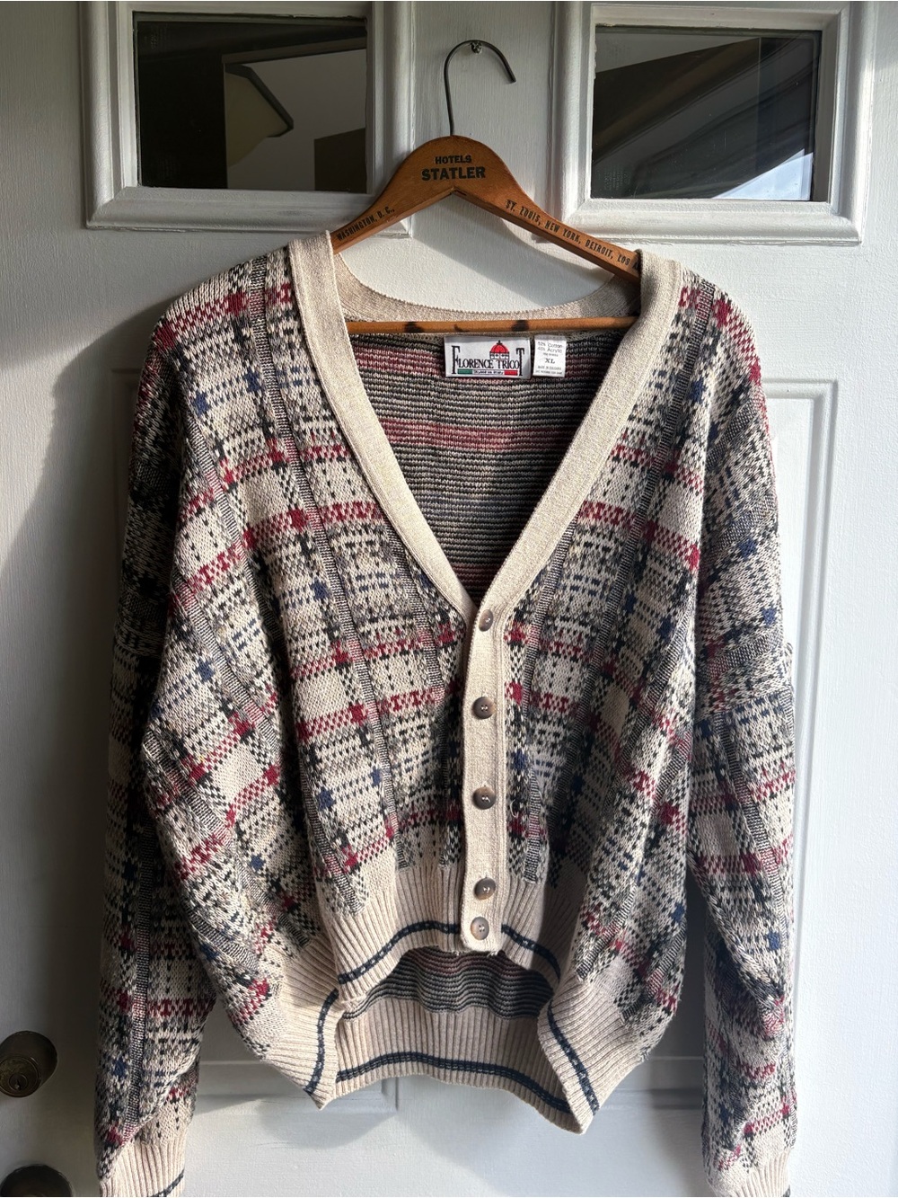 Florence Tricot Vintage Italy Grandpa Cardigan Sweater Men’s XL Plaid Knit 90s